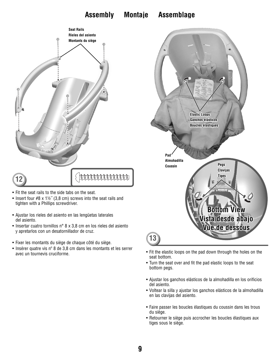 9assembly montaje assemblage, Bottom view | Fisher-Price R6069 User Manual | Page 9 / 24