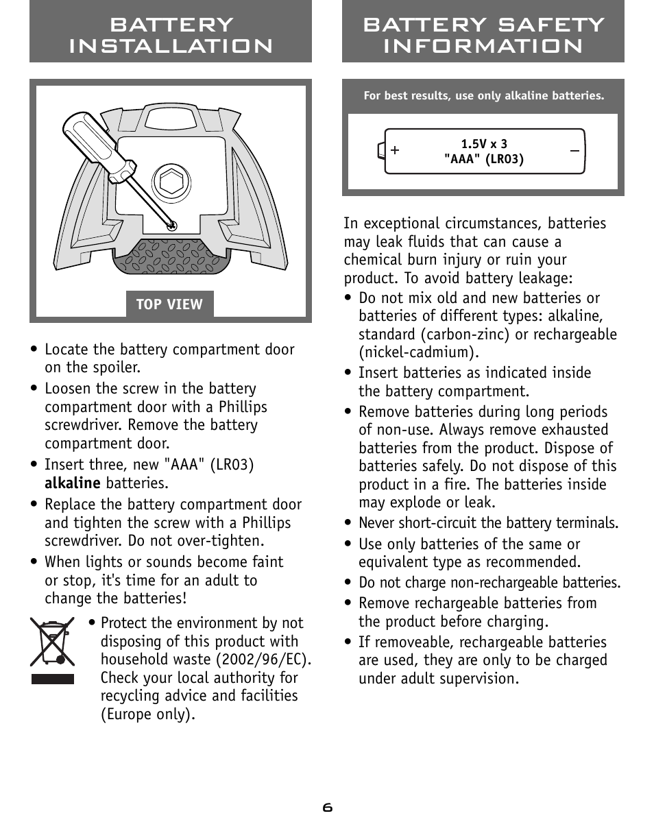 Battery installation battery safety information | Fisher-Price RESCUE HEROES J4512 User Manual | Page 6 / 8