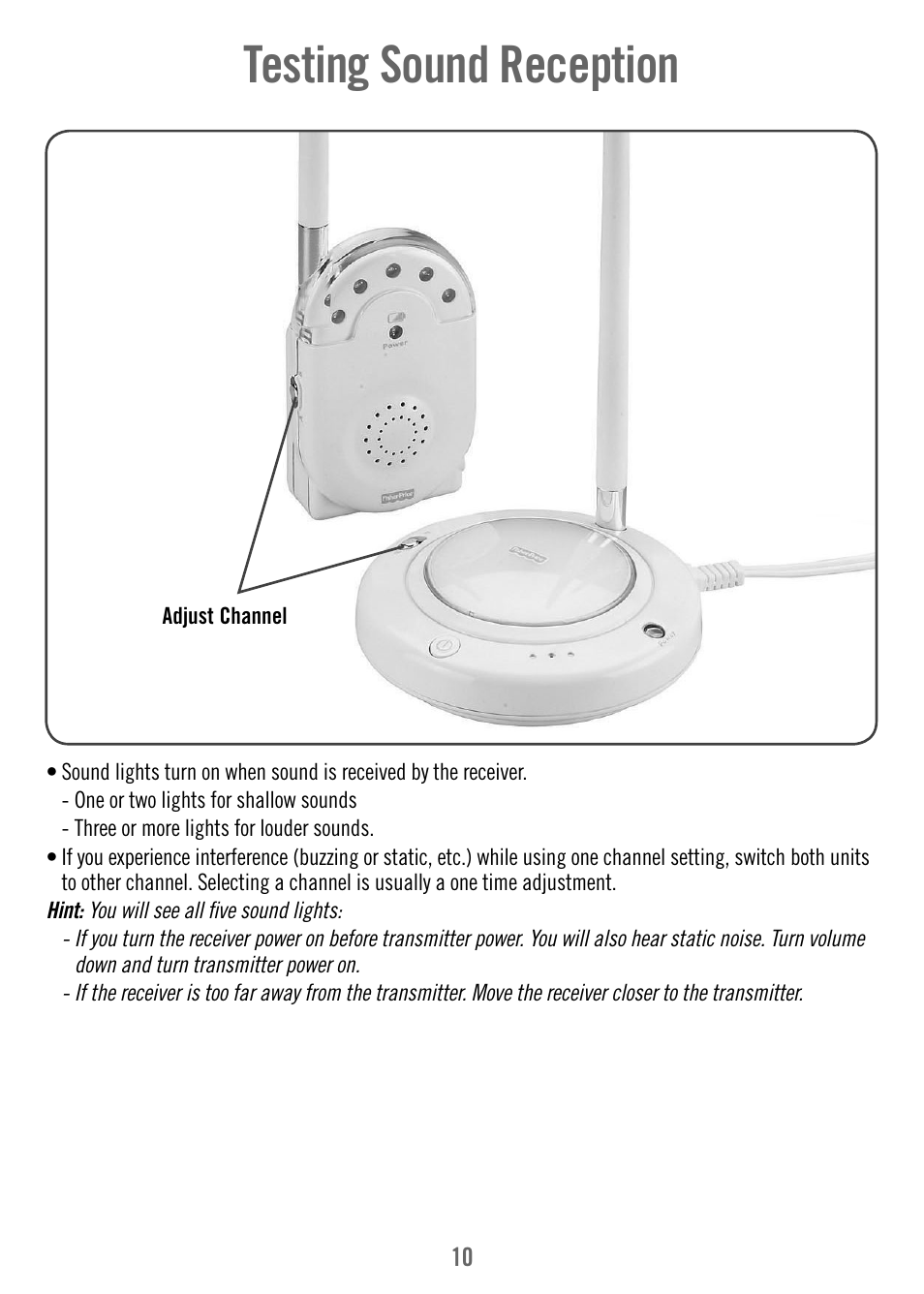 Testing sound reception | Fisher-Price T3640 User Manual | Page 10 / 16