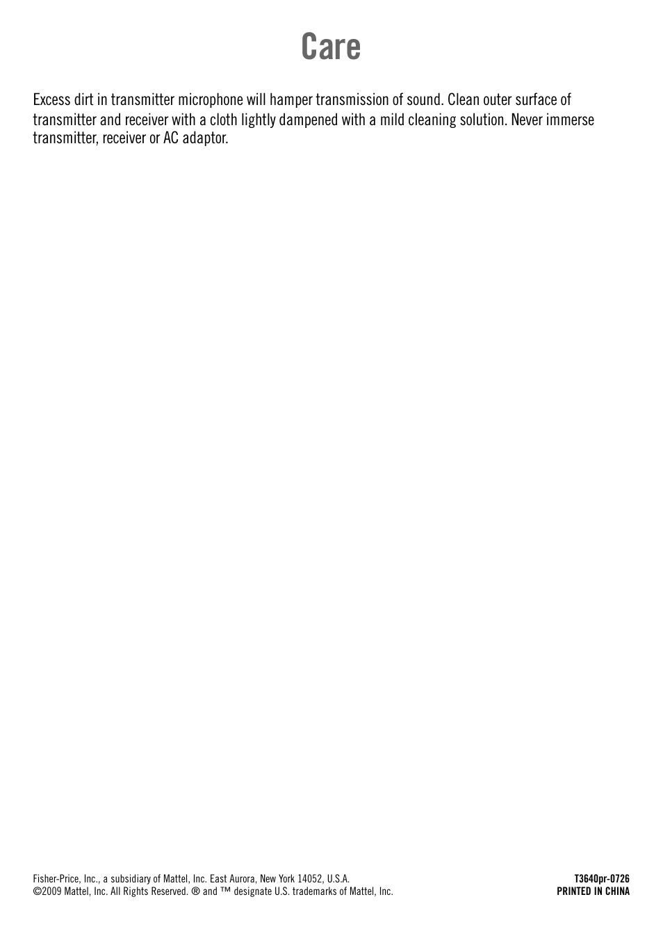 Care | Fisher-Price T3640 User Manual | Page 16 / 16