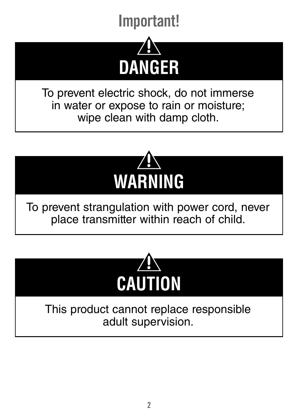 Danger, Warning, Caution | Important | Fisher-Price T3640 User Manual | Page 2 / 16