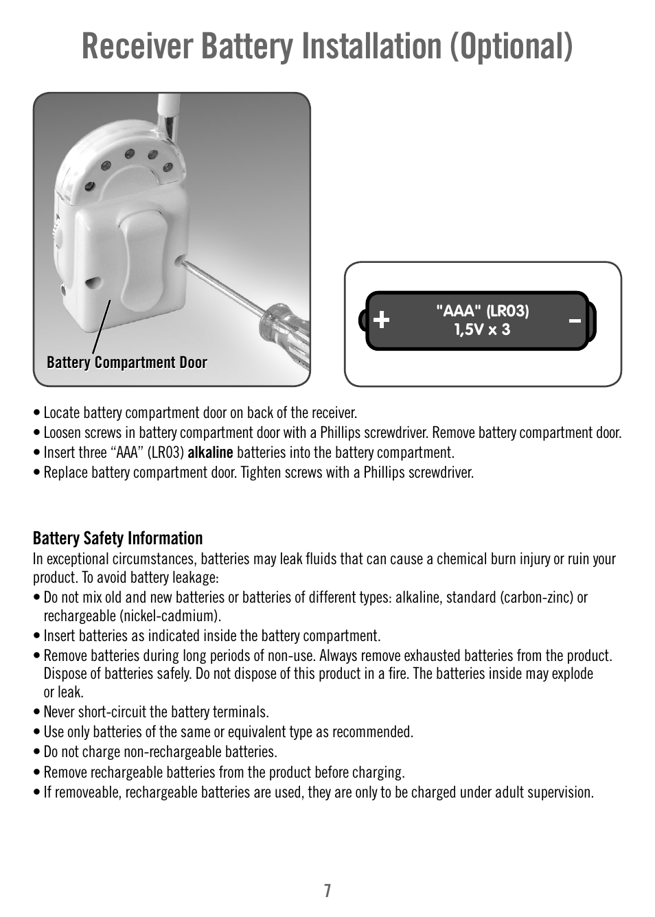 Receiver battery installation (optional) | Fisher-Price T3640 User Manual | Page 7 / 16