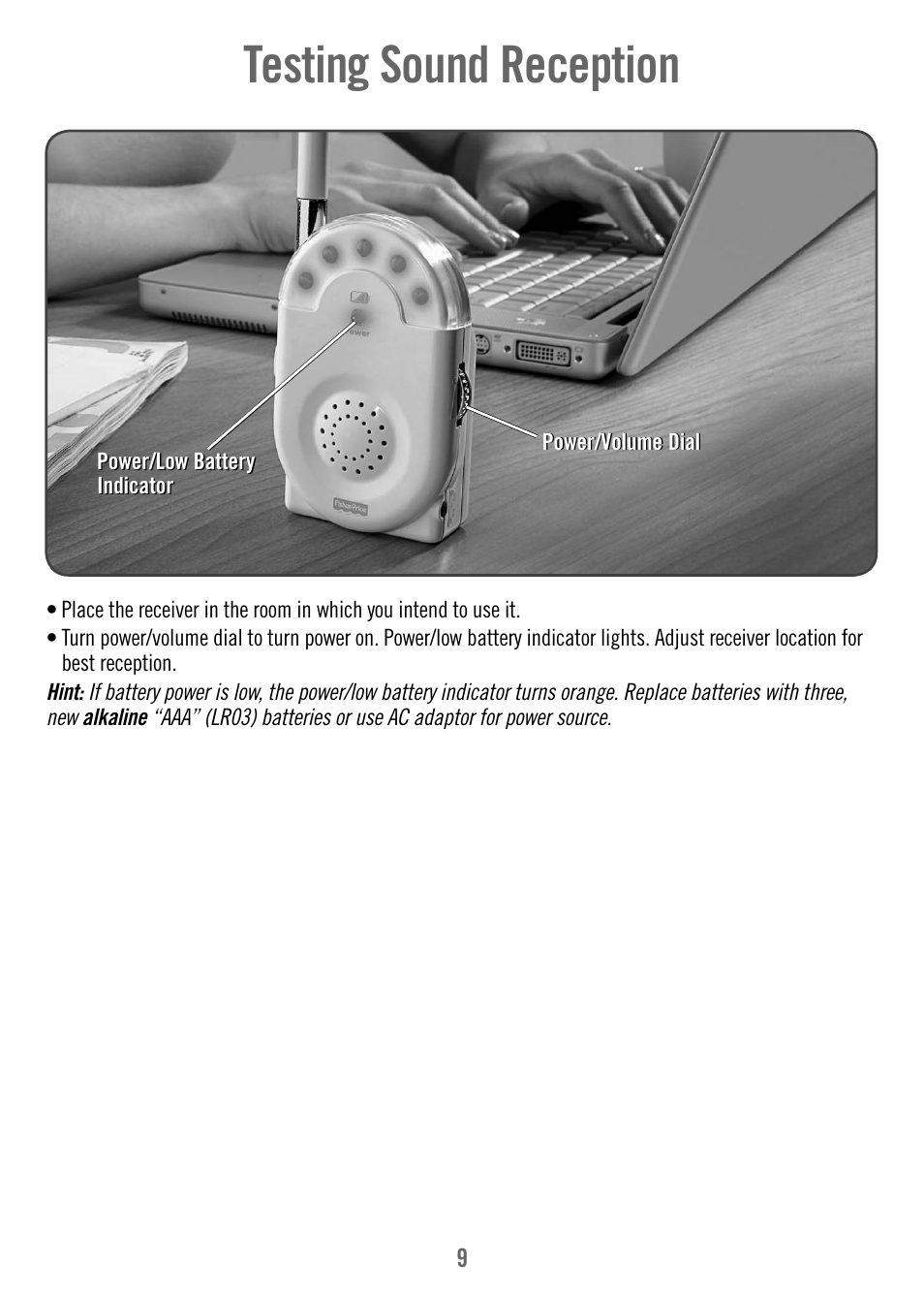 Testing sound reception | Fisher-Price T3640 User Manual | Page 9 / 16