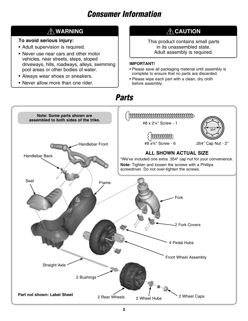 Consumer information, Parts, Warning caution | Fisher-Price BARBIE M5727 User Manual | Page 2 / 6