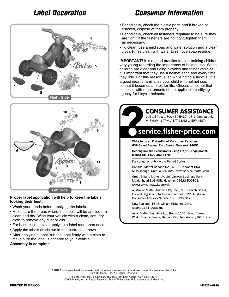 Label decoration, Consumer information | Fisher-Price BARBIE M5727 User Manual | Page 6 / 6