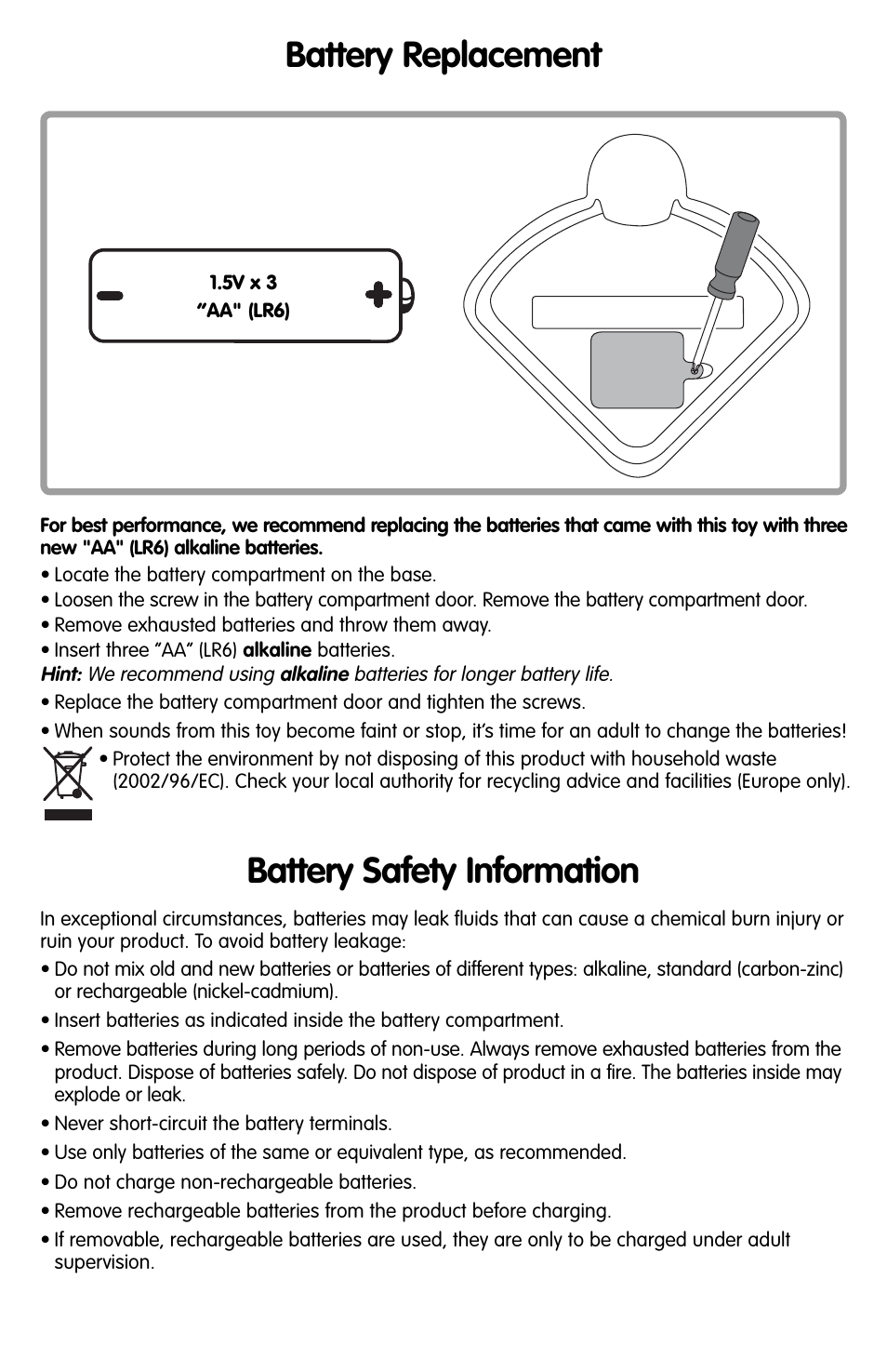 Battery safety information battery replacement | Fisher-Price M4044 User Manual | Page 2 / 4