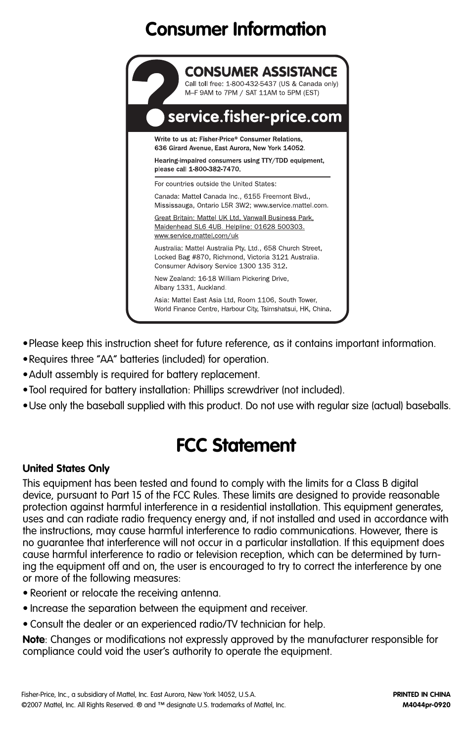 Consumer information, Fcc statement | Fisher-Price M4044 User Manual | Page 4 / 4