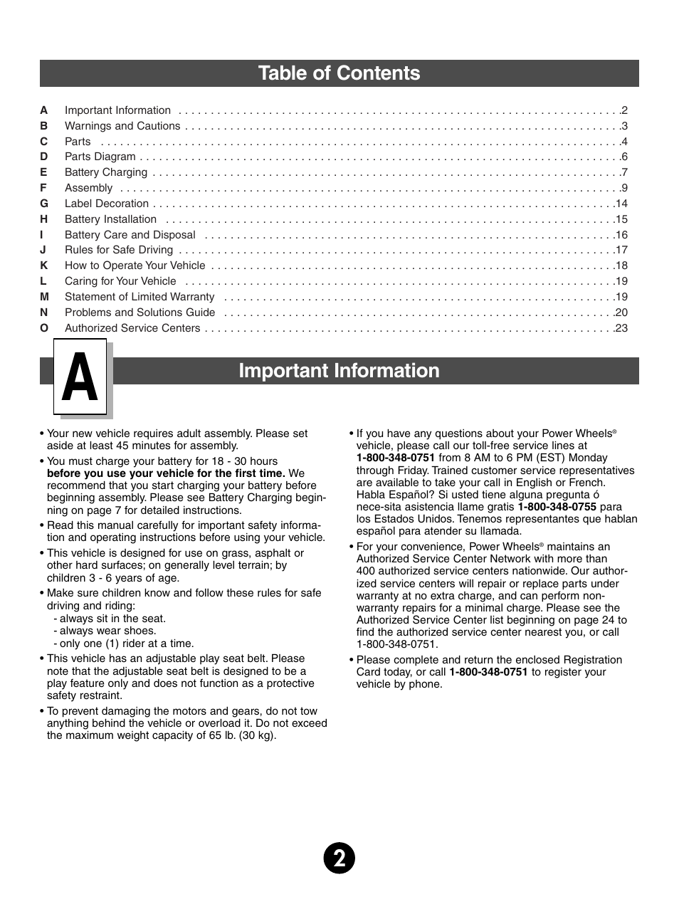 Table of contents important information | Fisher-Price FORD 75547 User Manual | Page 2 / 27