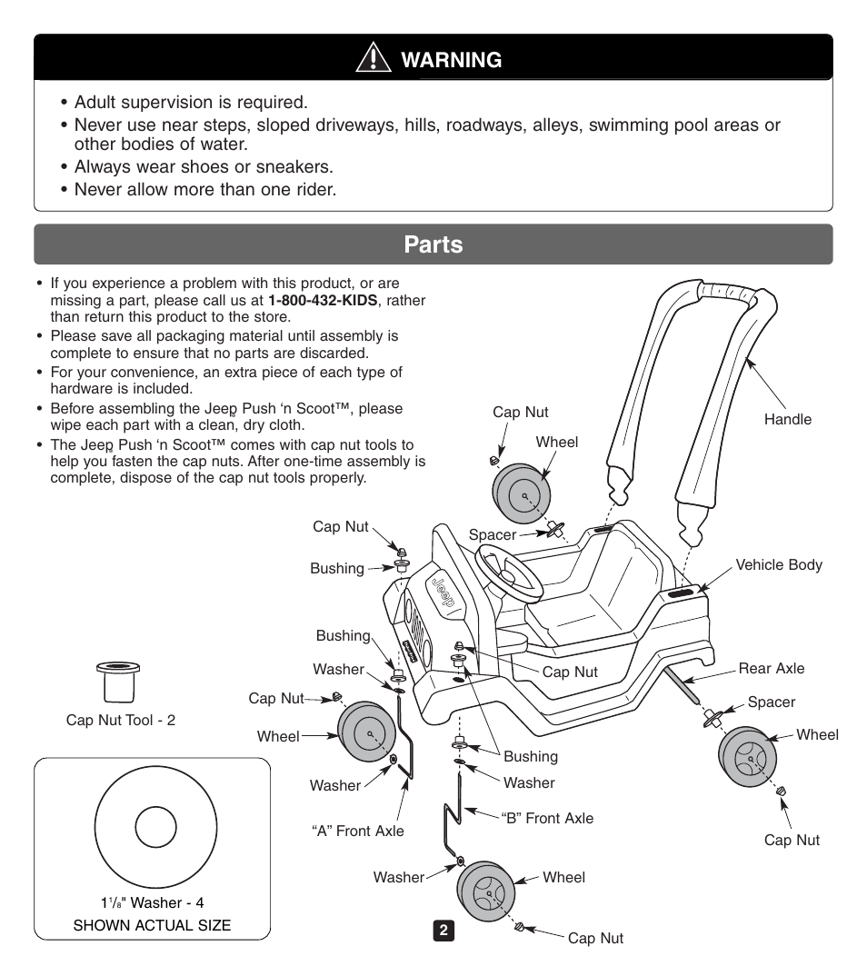 Parts, Warning | Fisher-Price JEEP 72607 User Manual | Page 2 / 6