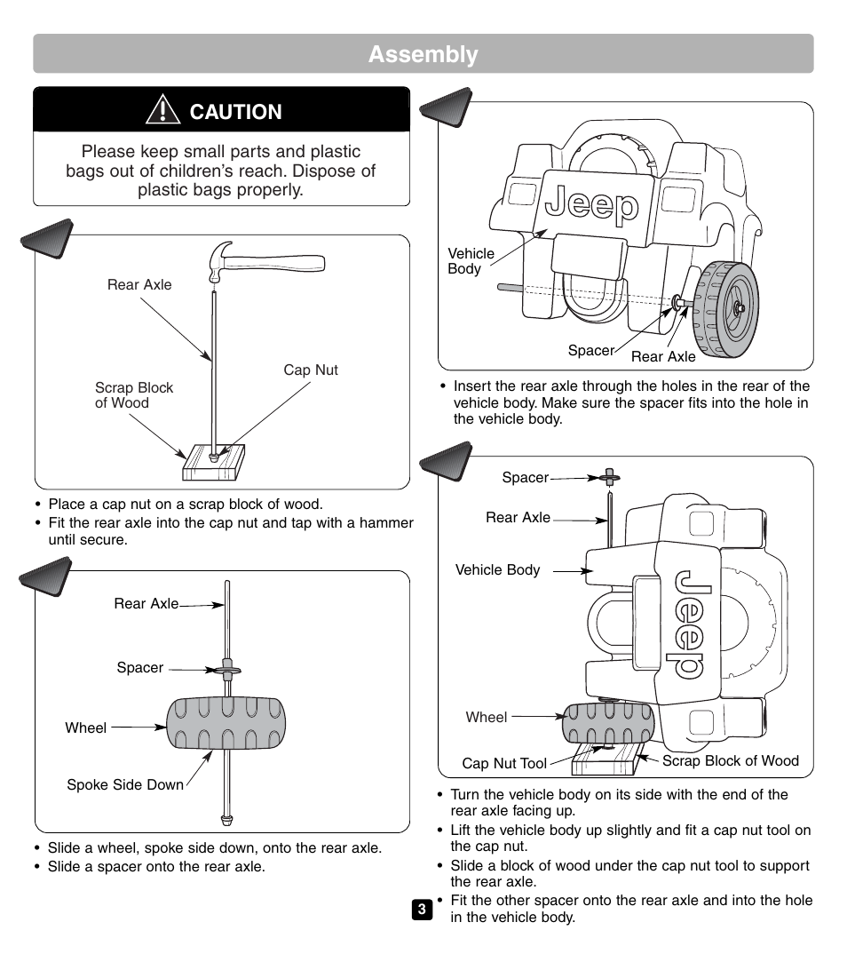Assembly, Caution | Fisher-Price JEEP 72607 User Manual | Page 3 / 6