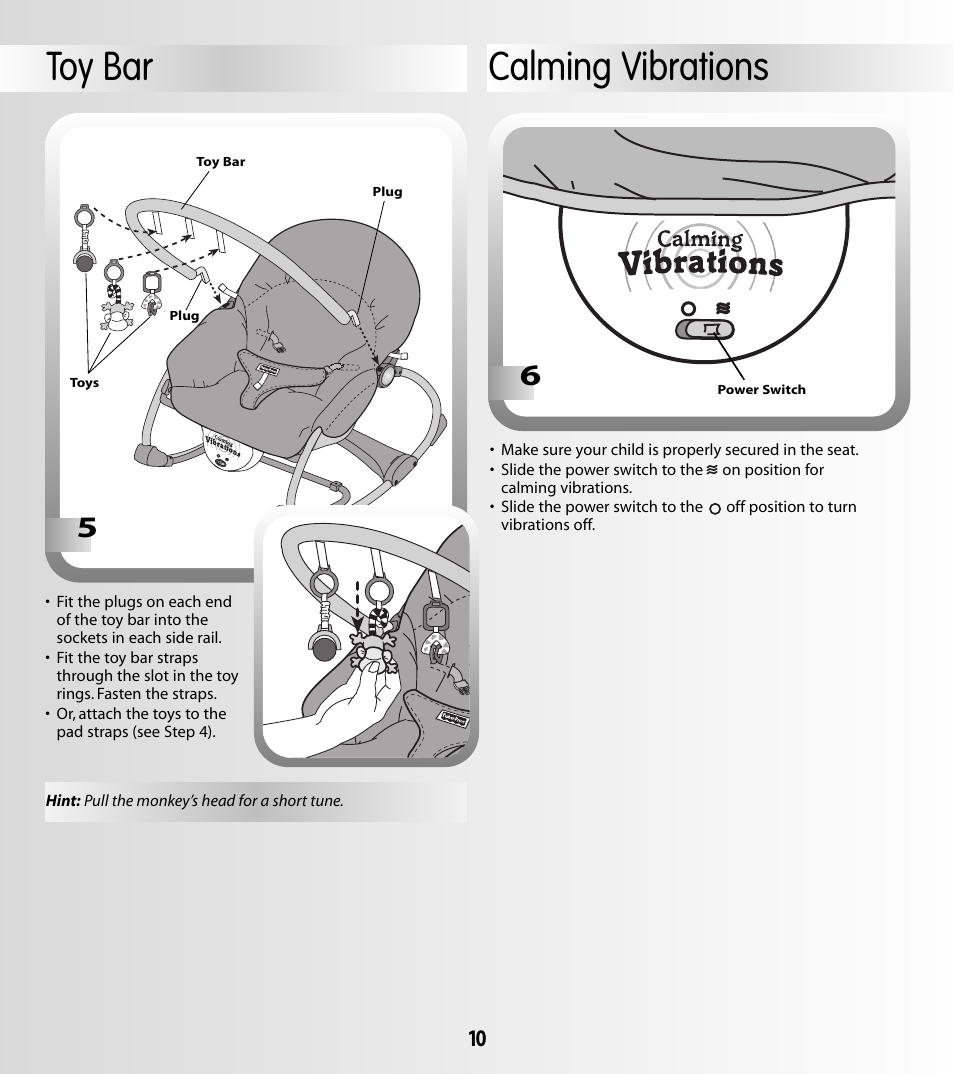 Calming vibrations, Toy bar | Fisher-Price LEARNING PATTERNS G5911 User Manual | Page 10 / 12