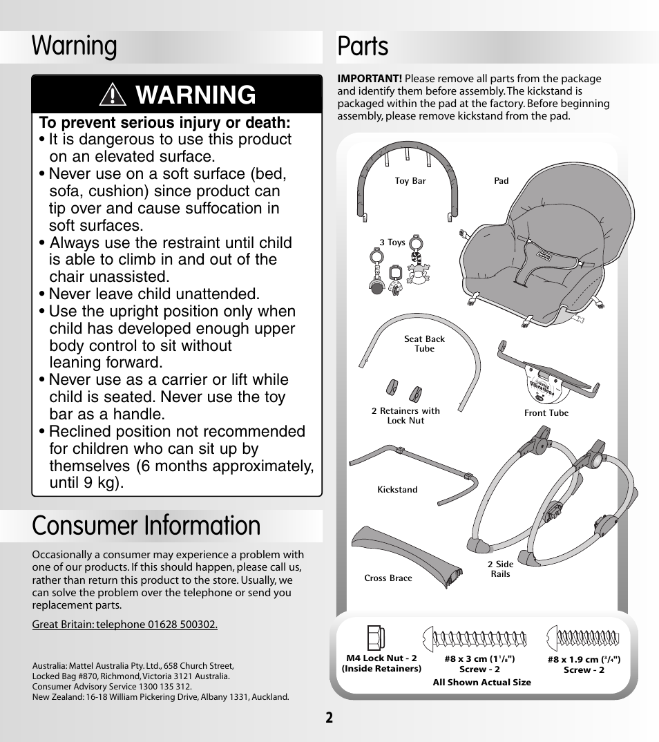 Warning, Parts, Consumer information | Fisher-Price LEARNING PATTERNS G5911 User Manual | Page 2 / 12