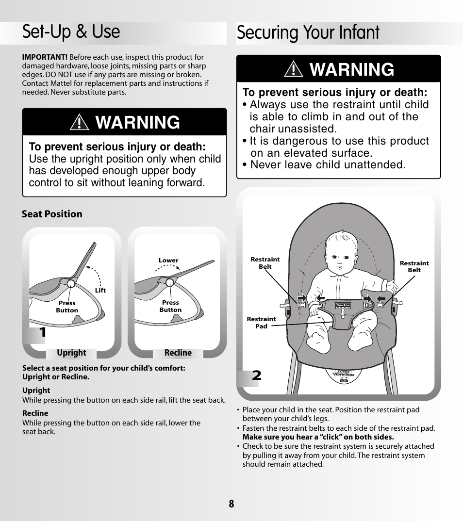 Securing your infant, Set-up & use, Warning | Fisher-Price LEARNING PATTERNS G5911 User Manual | Page 8 / 12