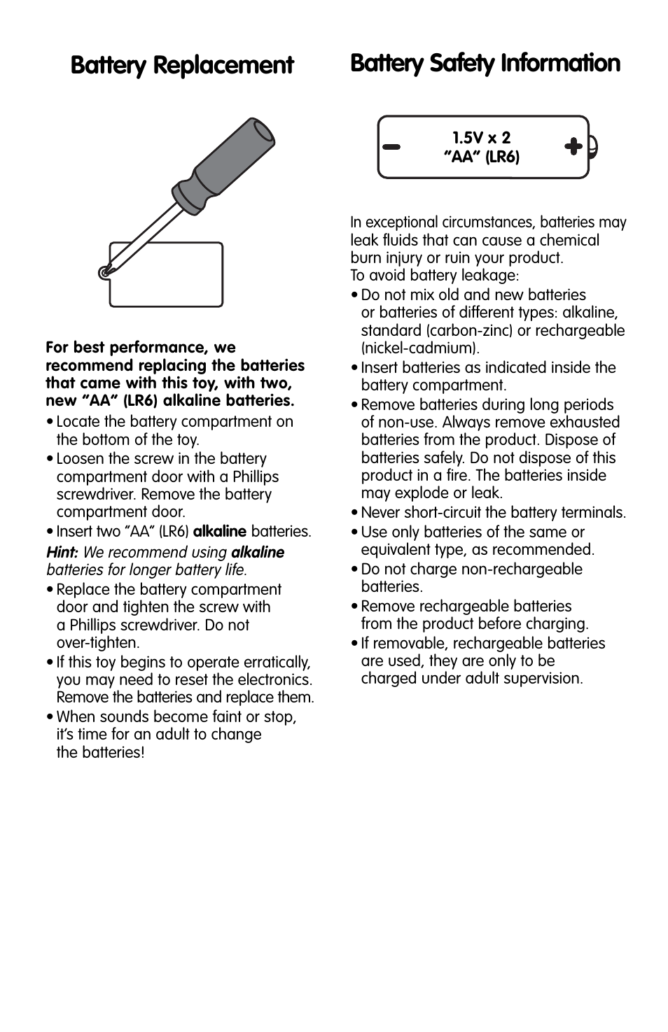 Battery replacement, Battery safety information | Fisher-Price M1280 User Manual | Page 2 / 4