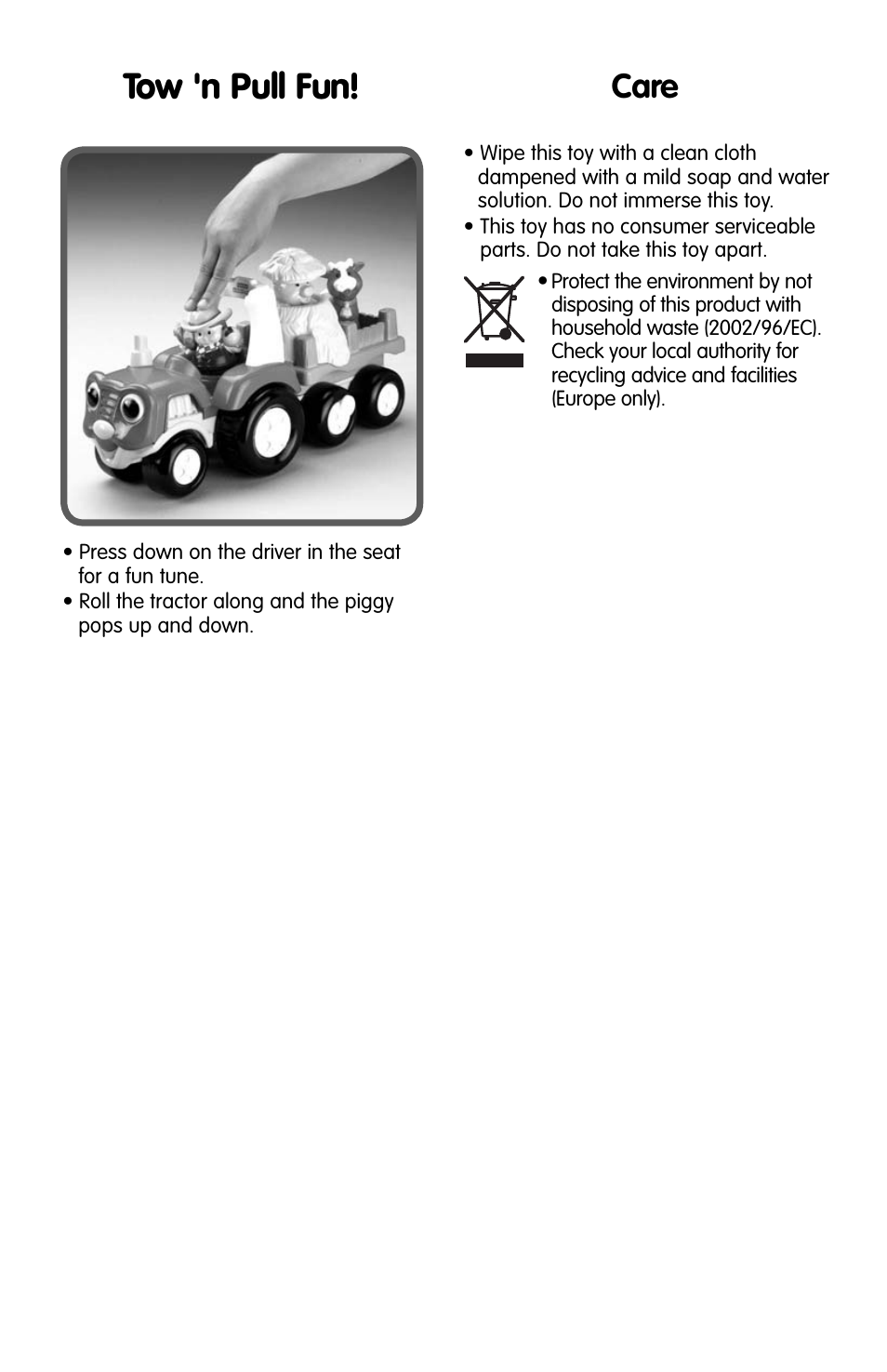 Tow 'n pull fun, Care | Fisher-Price M1280 User Manual | Page 3 / 4