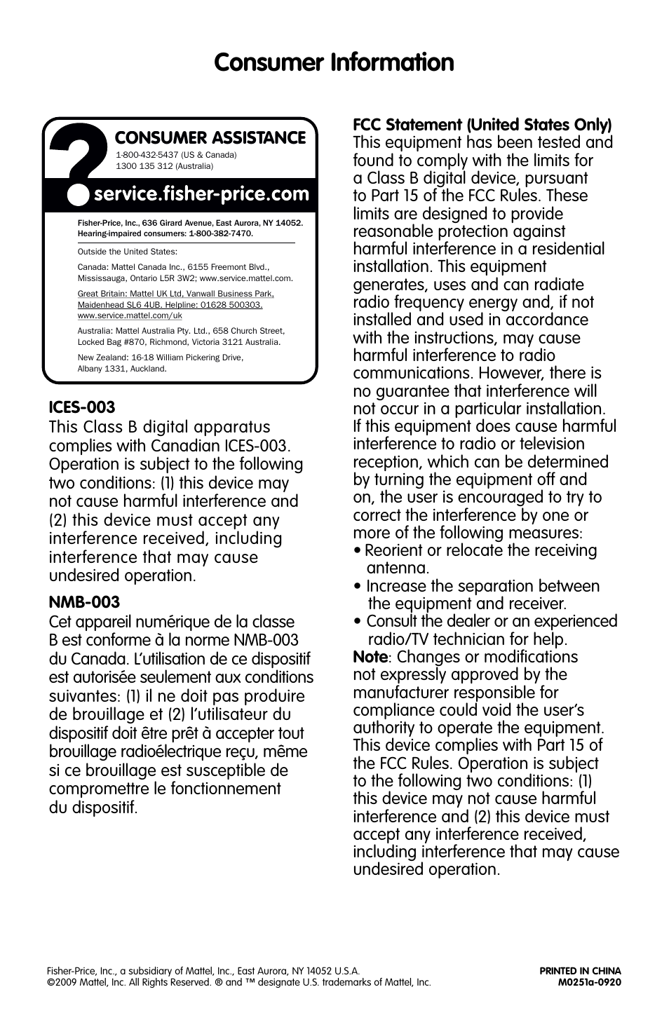 Consumer information | Fisher-Price M1280 User Manual | Page 4 / 4