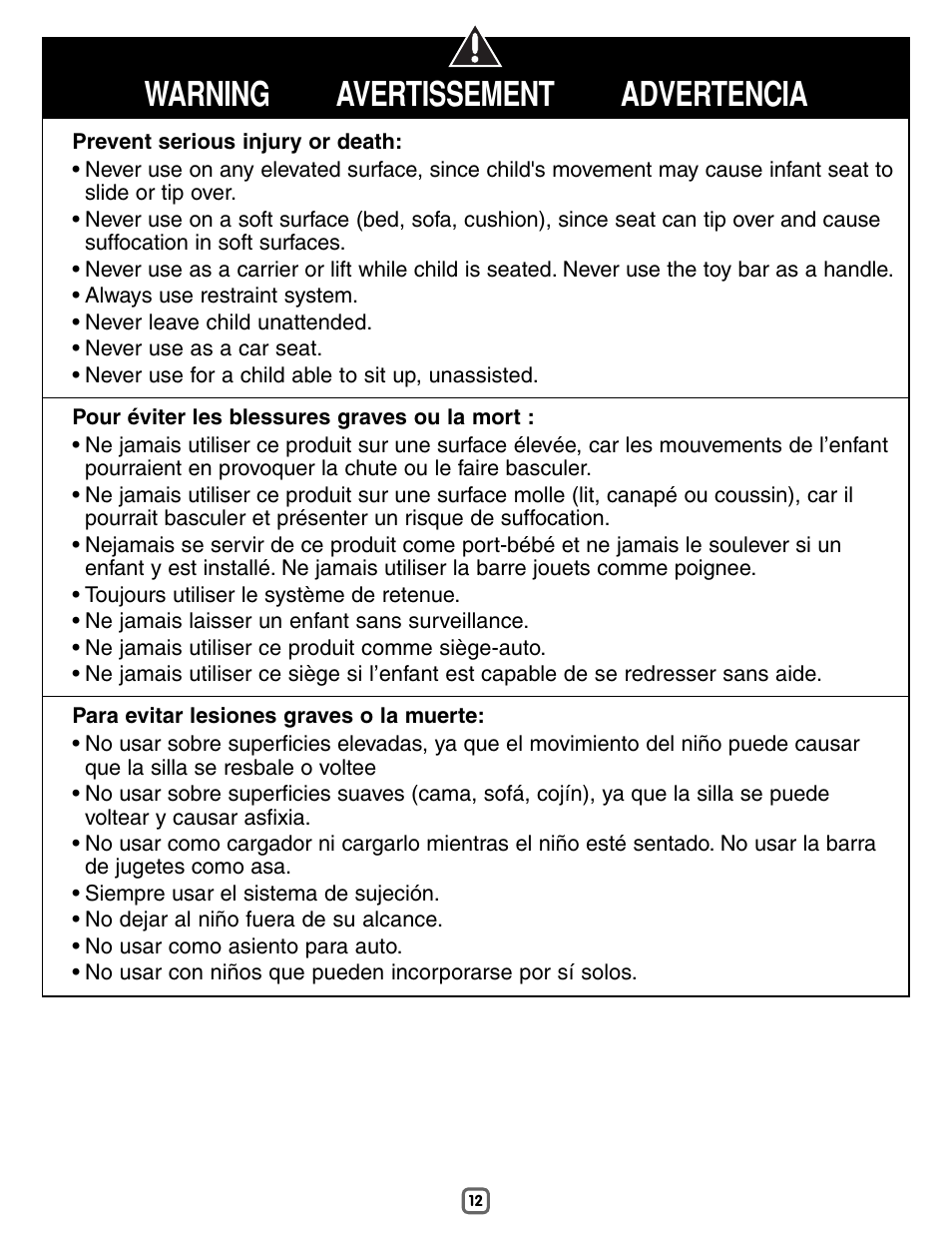 Warning avertissement advertencia | Fisher-Price H9479 User Manual | Page 12 / 20