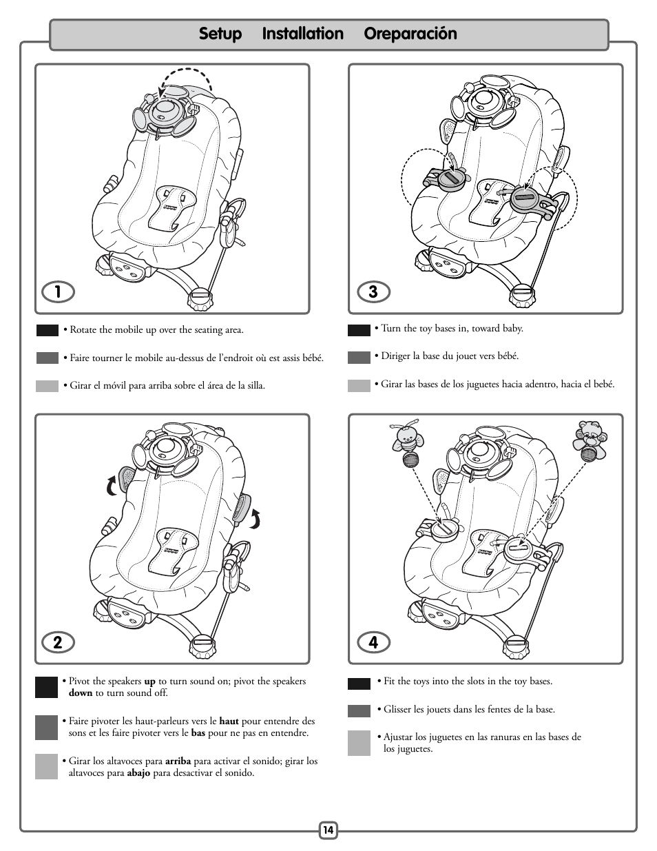 Setup installation oreparación | Fisher-Price H9479 User Manual | Page 14 / 20