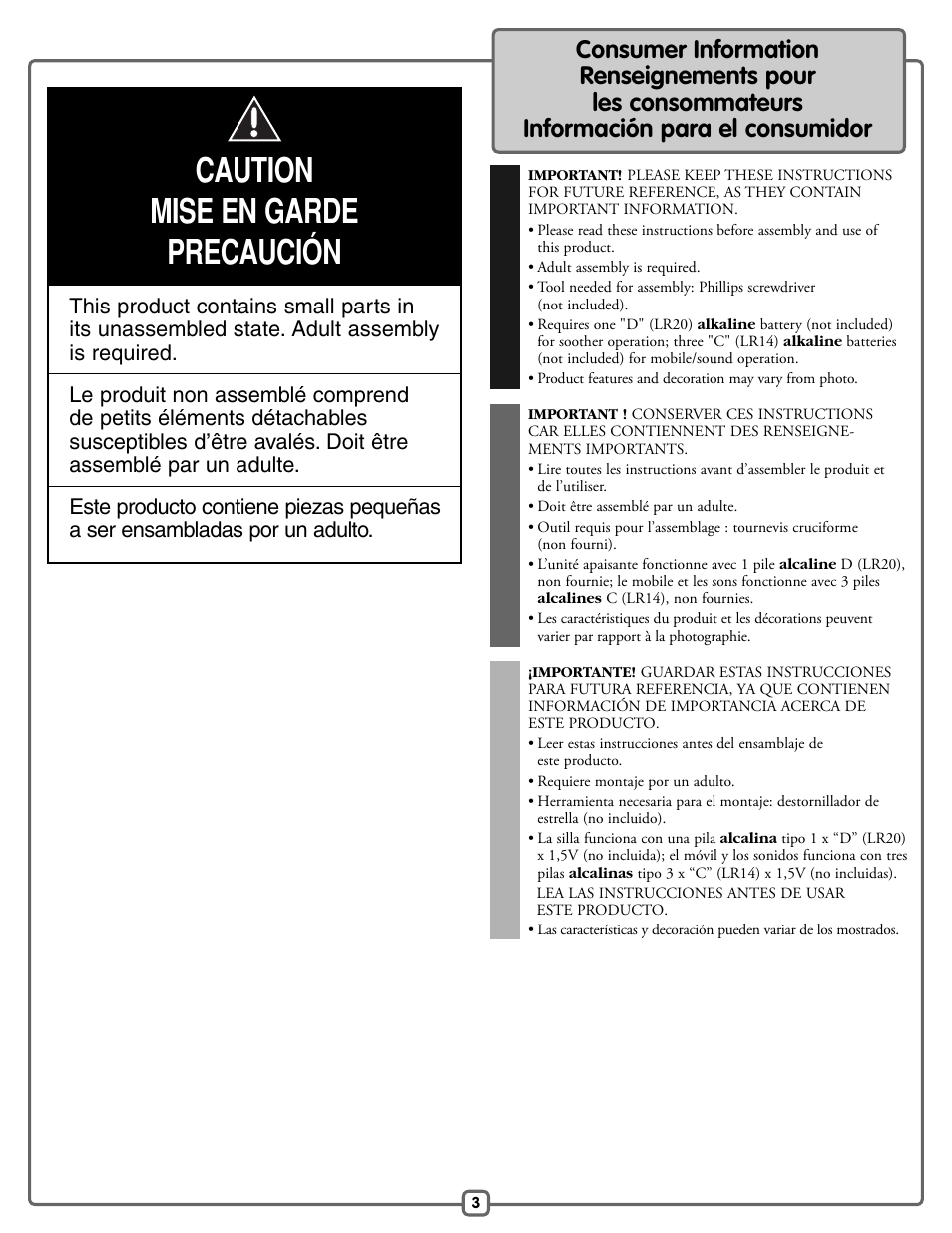 Caution mise en garde precaución | Fisher-Price H9479 User Manual | Page 3 / 20