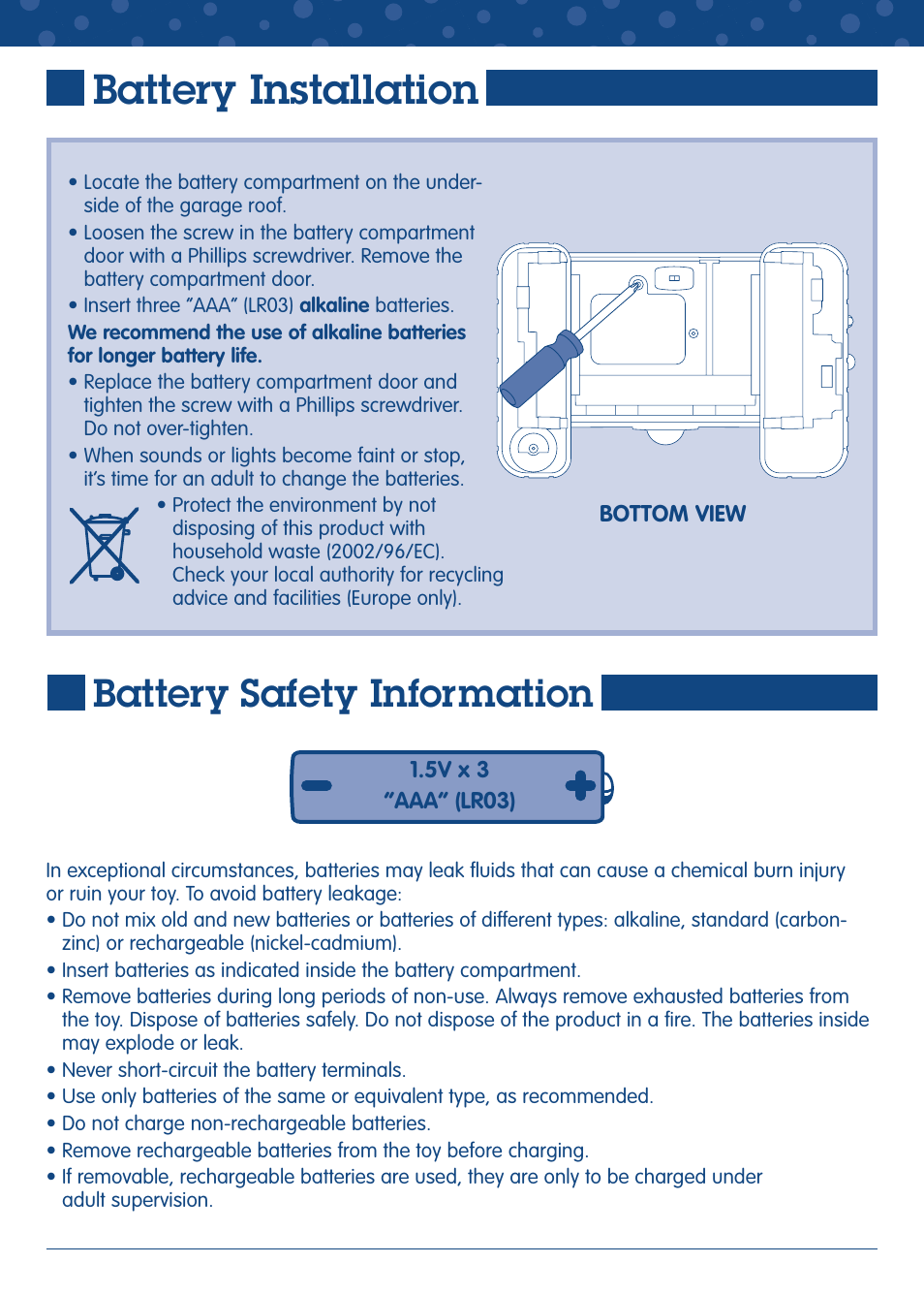 Battery installation, Battery safety information | Fisher-Price J8991 User Manual | Page 3 / 6