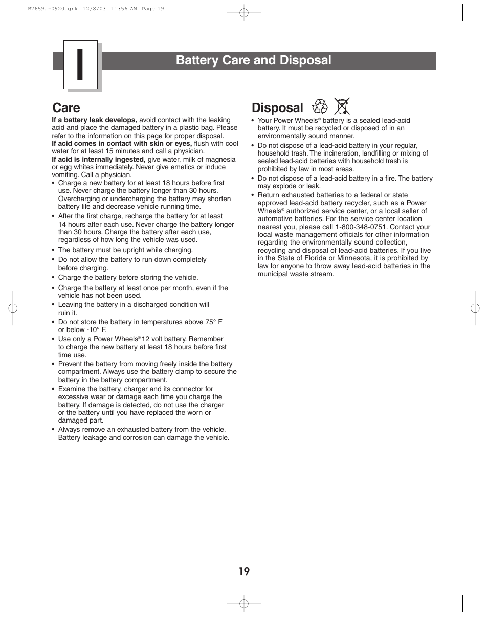 Battery care and disposal, Care disposal | Fisher-Price B7659 User Manual | Page 19 / 28
