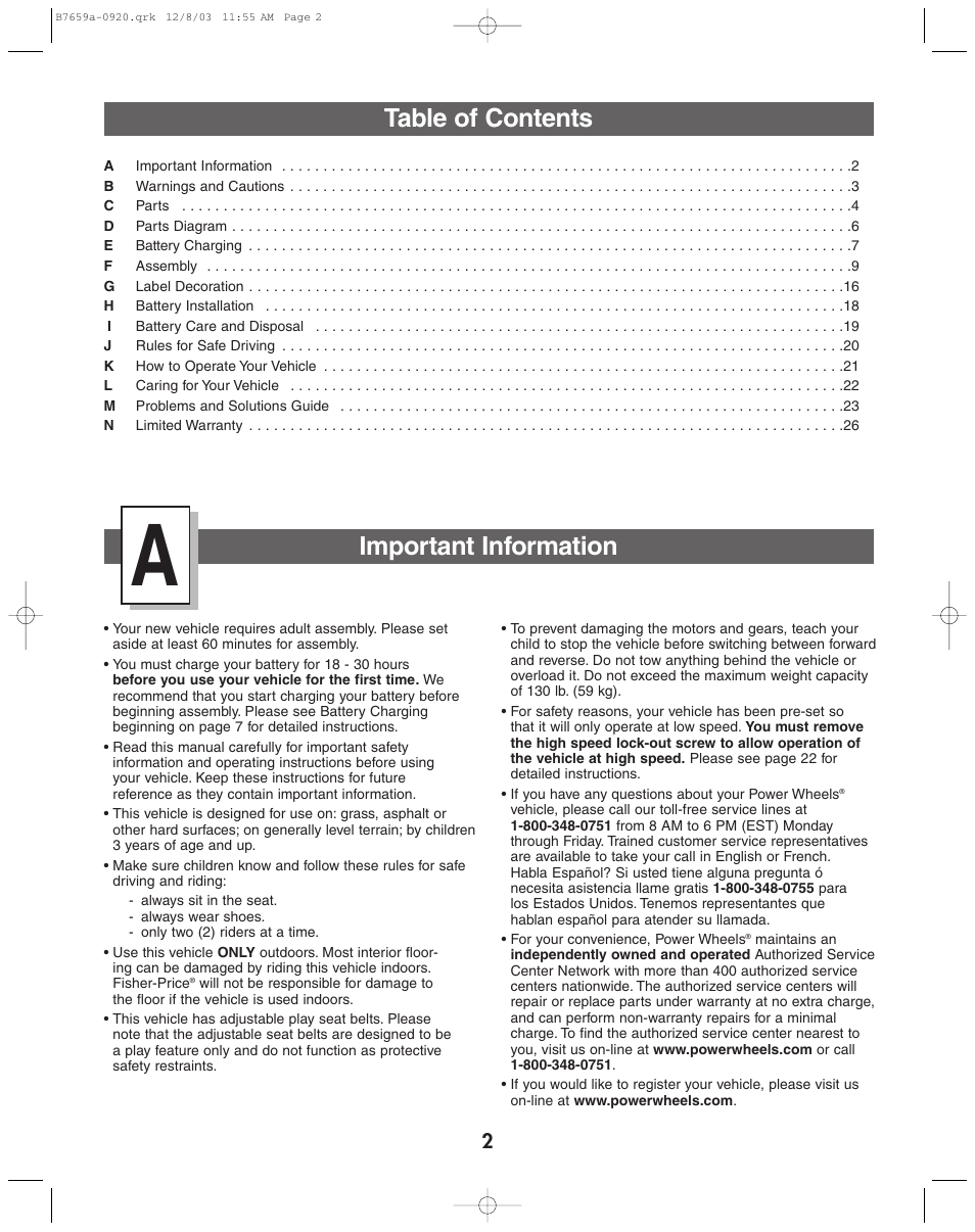 Table of contents important information | Fisher-Price B7659 User Manual | Page 2 / 28