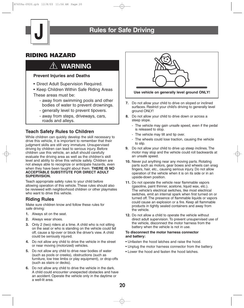 Rules for safe driving, Warning, Riding hazard | Fisher-Price B7659 User Manual | Page 20 / 28