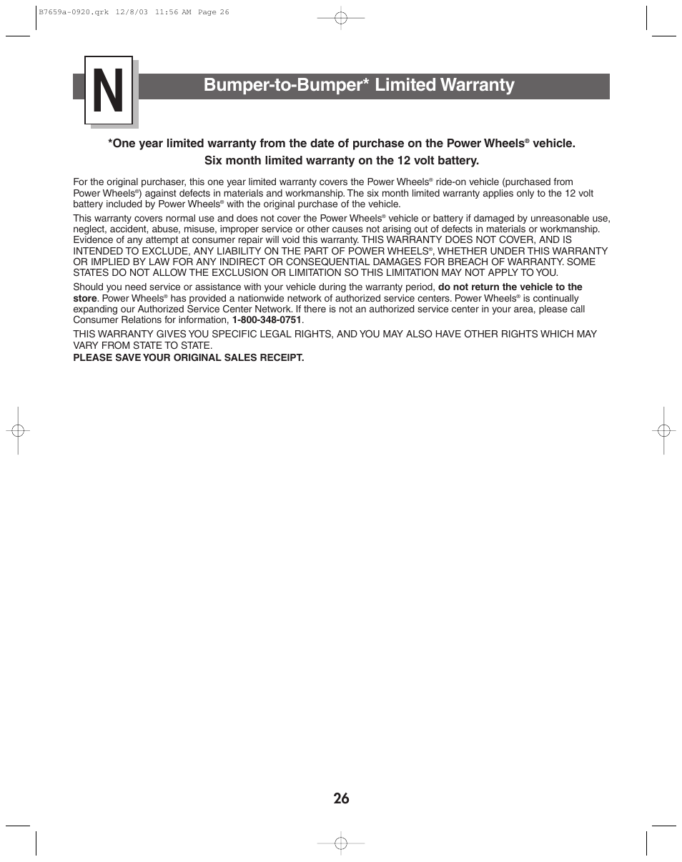 Bumper-to-bumper* limited warranty | Fisher-Price B7659 User Manual | Page 26 / 28