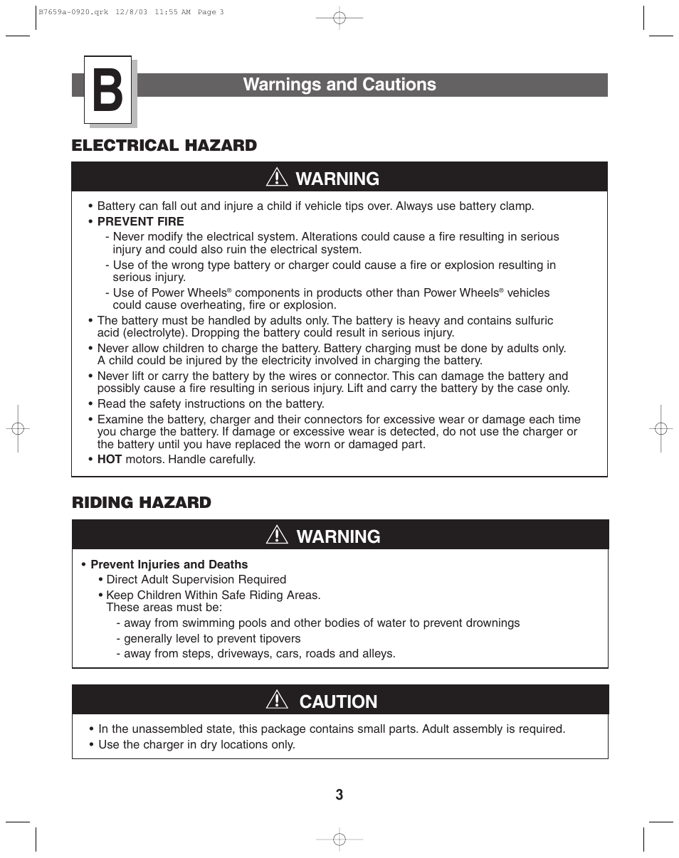 Caution warning warning, Warnings and cautions | Fisher-Price B7659 User Manual | Page 3 / 28