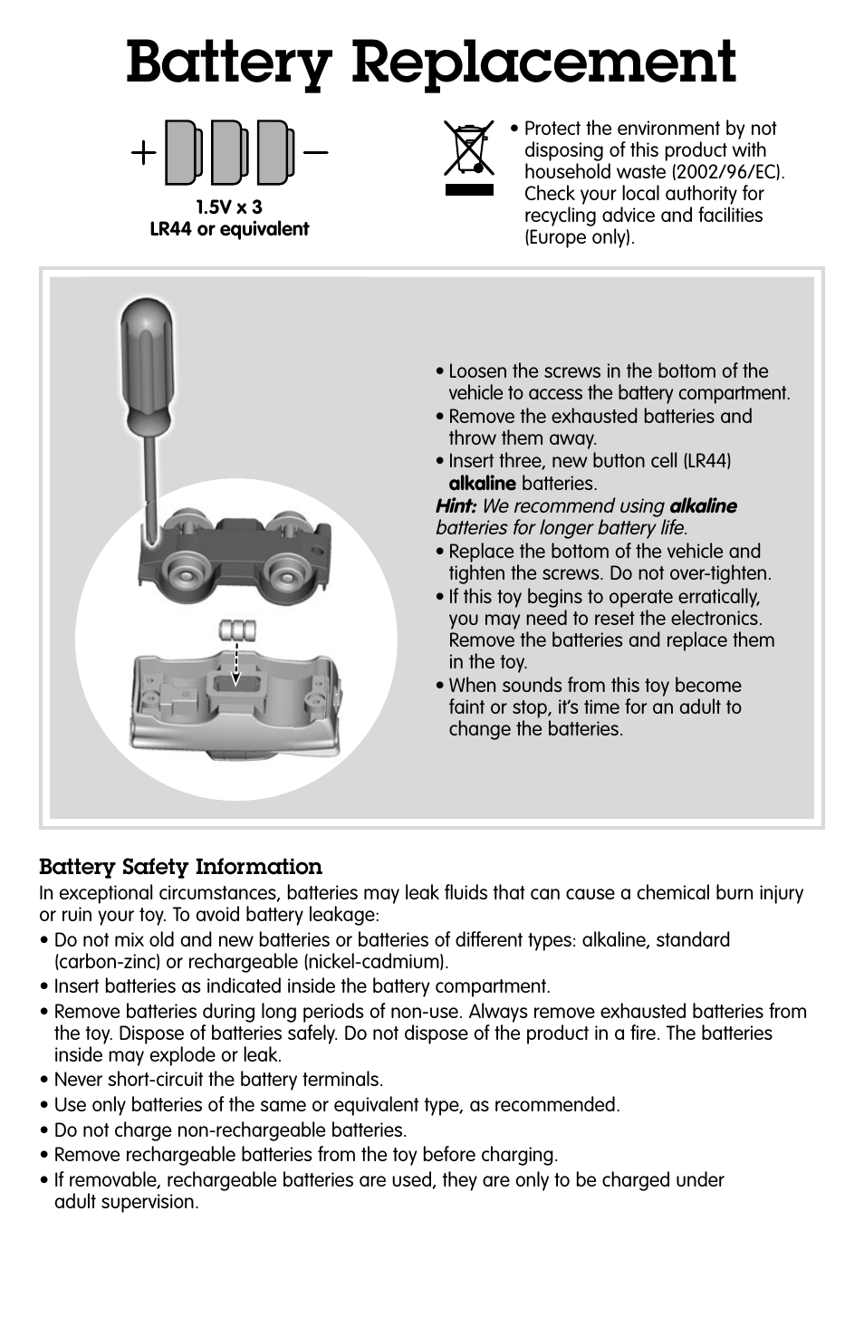 Battery replacement | Fisher-Price GEOTRAX P6251 User Manual | Page 2 / 4