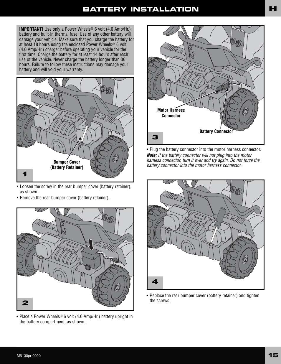 Battery installation 1 3 2 4 | Fisher-Price KART M5130 User Manual | Page 15 / 24