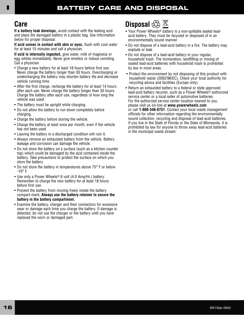 Care, Disposal, Battery care and disposal | Fisher-Price KART M5130 User Manual | Page 16 / 24