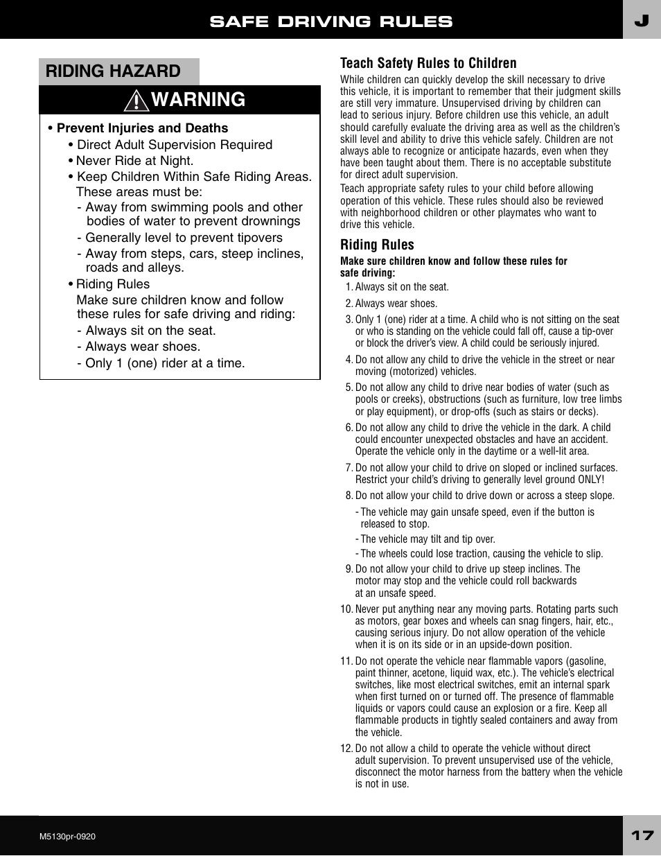 Warning, Riding hazard, Safe driving rules | Fisher-Price KART M5130 User Manual | Page 17 / 24