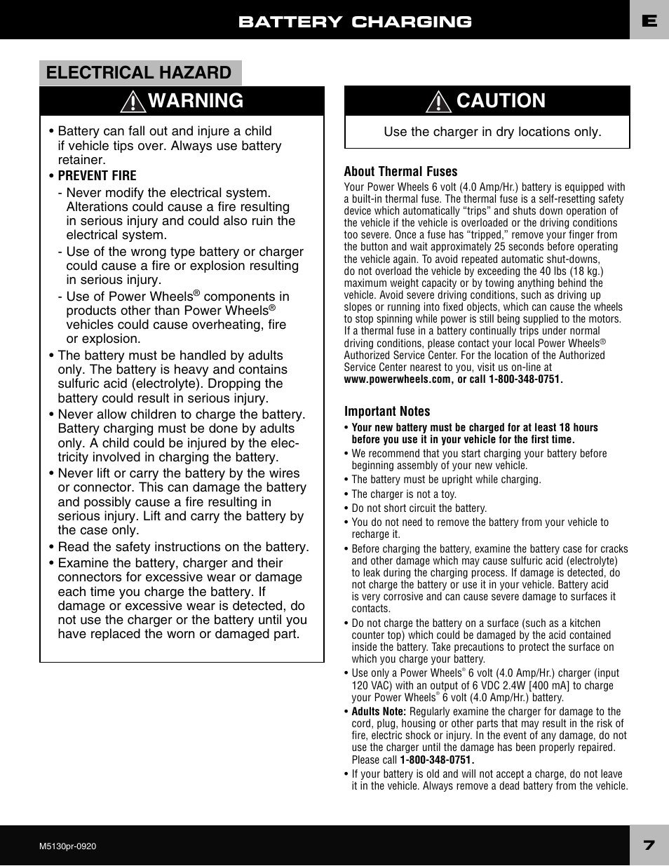 Warning, Caution, Electrical hazard | Battery charging | Fisher-Price KART M5130 User Manual | Page 7 / 24