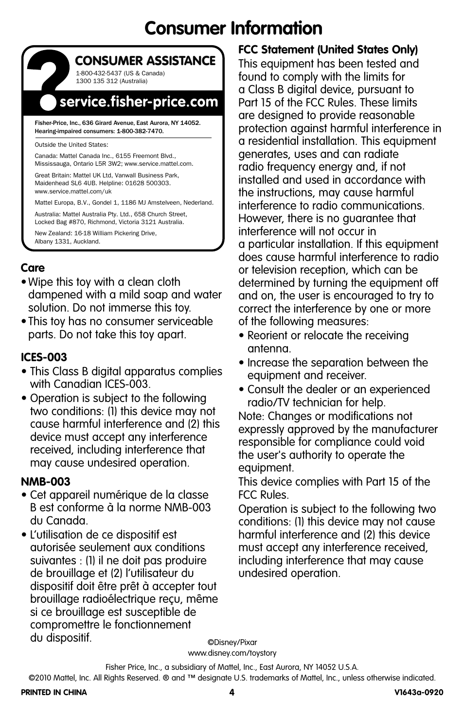 Consumer information, Consumer assistance | Fisher-Price V1643 User Manual | Page 3 / 5