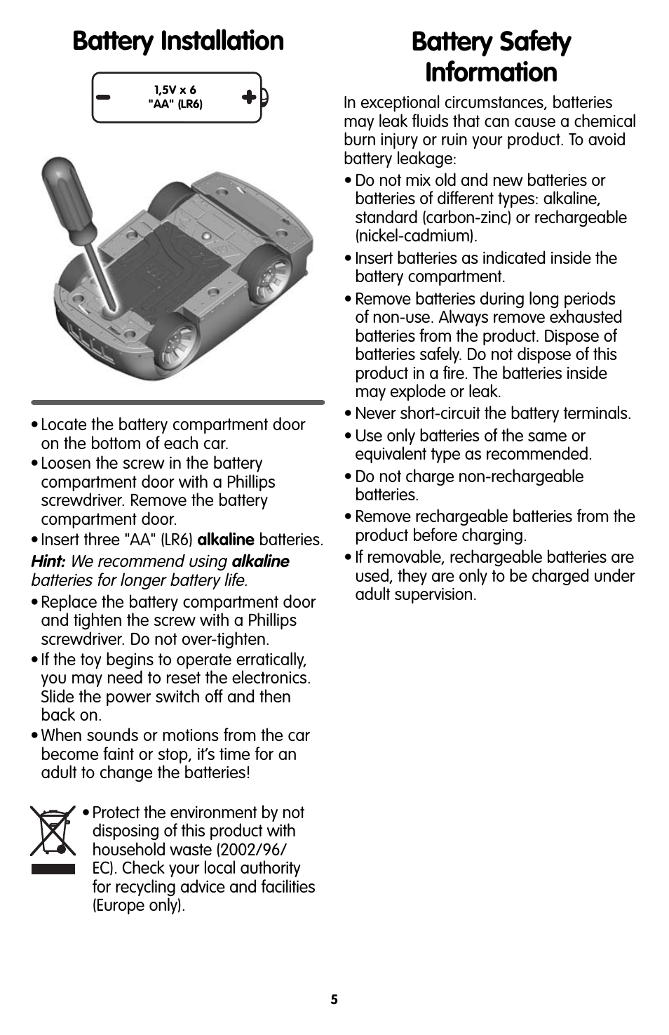 Battery installation battery safety information | Fisher-Price V1643 User Manual | Page 4 / 5