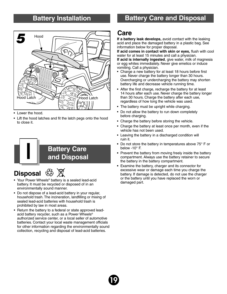 Care disposal battery installation | Fisher-Price JEEP WRANGLAR 74020 User Manual | Page 19 / 31
