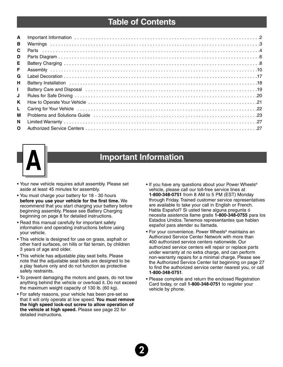 Table of contents important information | Fisher-Price JEEP WRANGLAR 74020 User Manual | Page 2 / 31