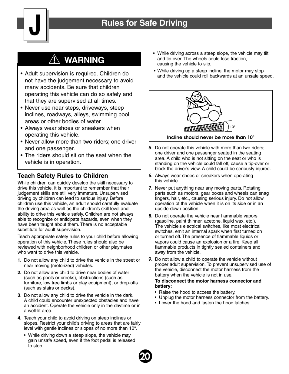 Rules for safe driving, Warning | Fisher-Price JEEP WRANGLAR 74020 User Manual | Page 20 / 31