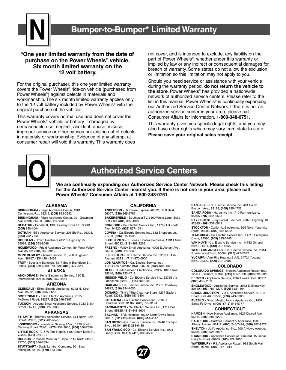 Bumper-to-bumper* limited warranty, Authorized service centers | Fisher-Price JEEP WRANGLAR 74020 User Manual | Page 27 / 31