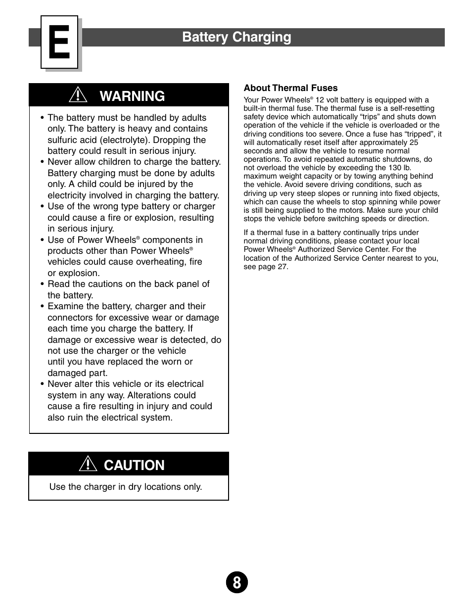 Caution, Battery charging, Warning | Fisher-Price JEEP WRANGLAR 74020 User Manual | Page 8 / 31