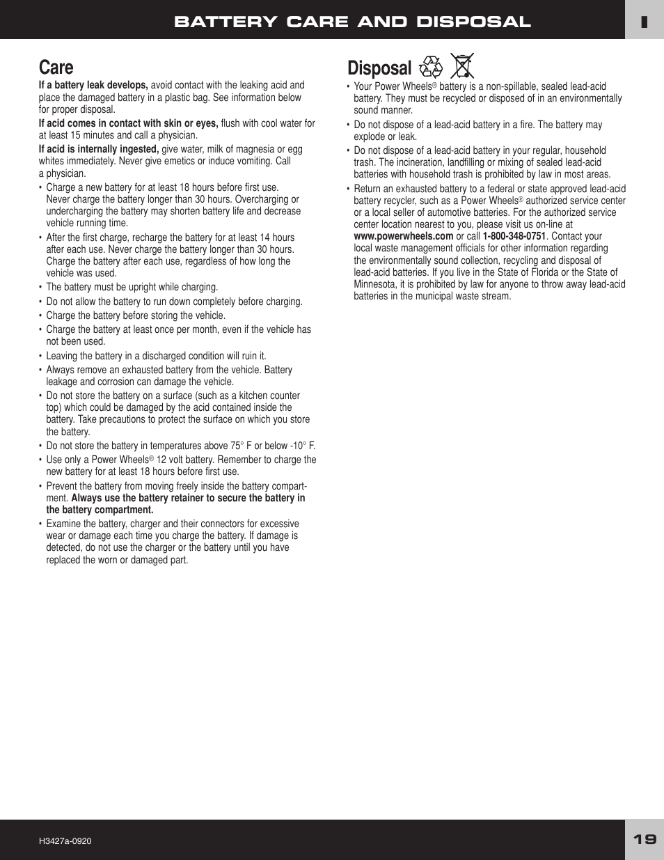 Care, Disposal, Battery care and disposal | Fisher-Price BARBIE JAMMIN' JEEP H3427 User Manual | Page 19 / 28