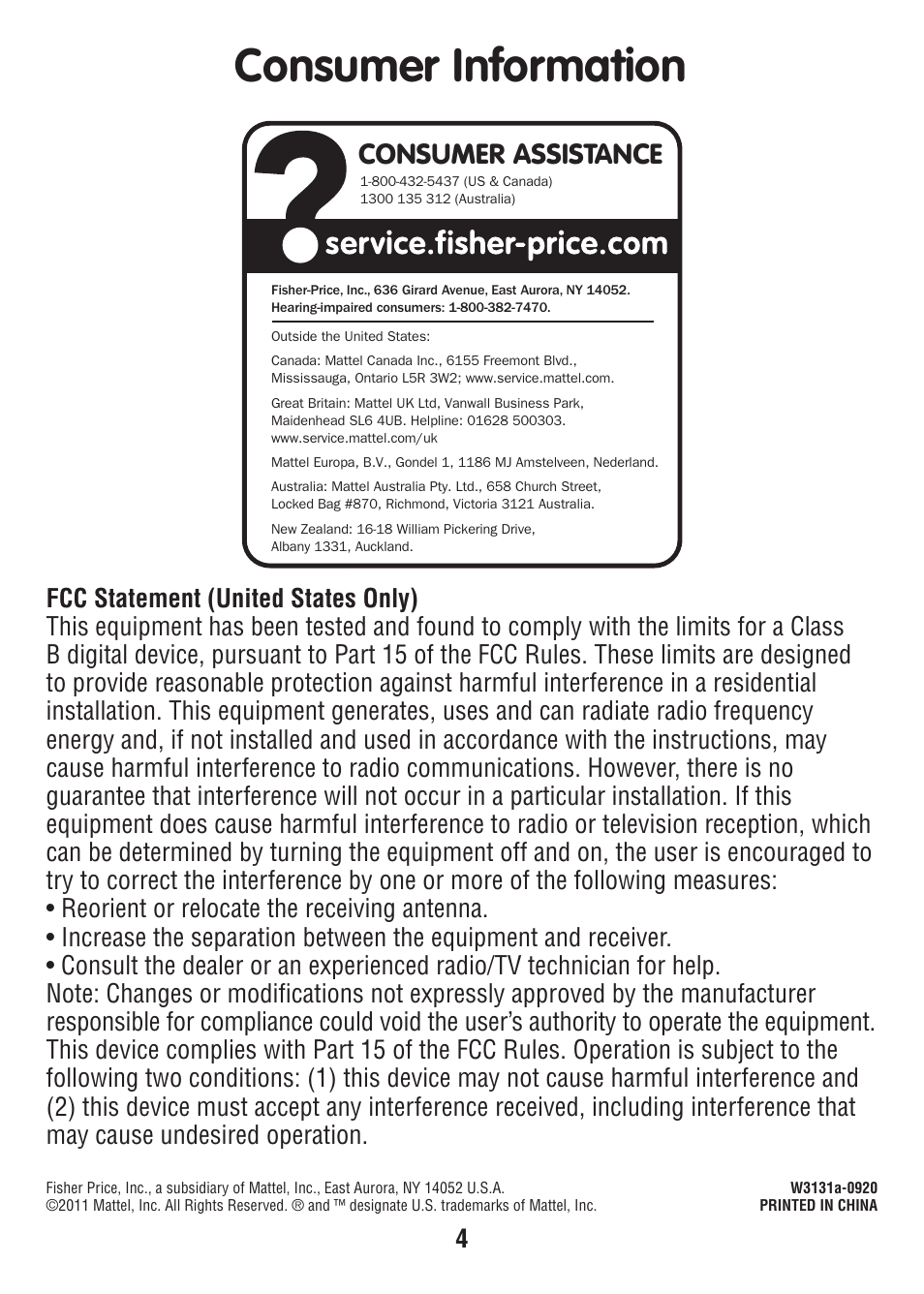 Consumer information, Us tech product instructions babygear instructions, Consumer assistance | Fisher-Price W3131 User Manual | Page 4 / 6