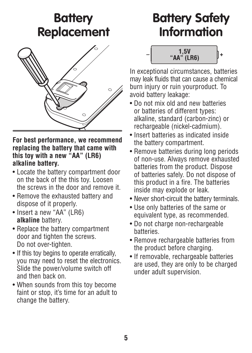 Battery replacement, Battery safety information | Fisher-Price W3131 User Manual | Page 5 / 6