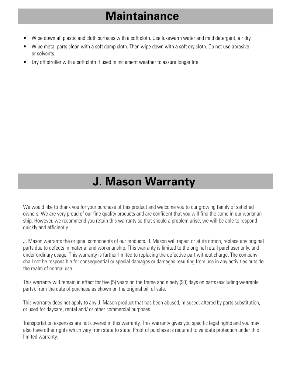 J. mason warranty, Maintainance | Fisher-Price FP3456 User Manual | Page 11 / 12