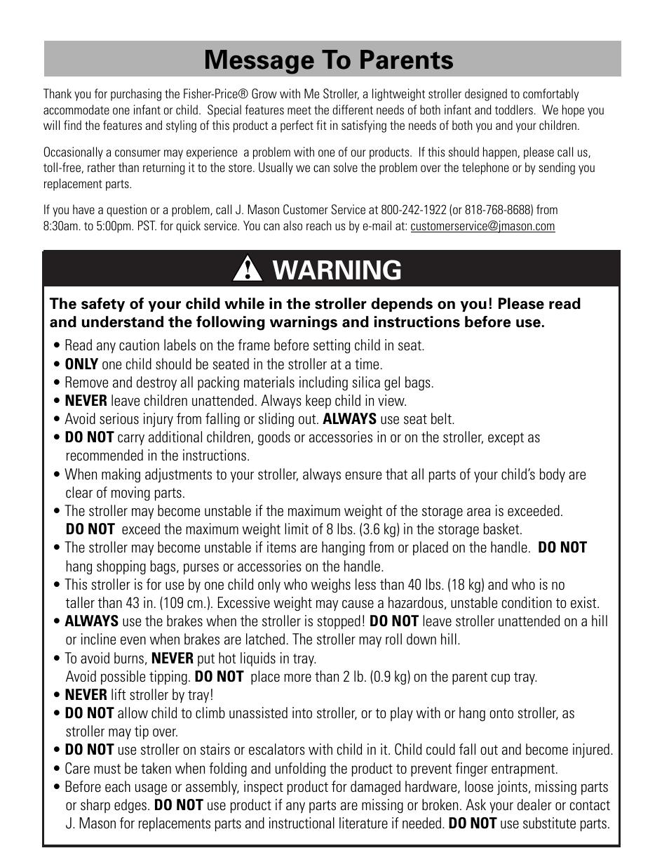 Warning, Message to parents | Fisher-Price FP3456 User Manual | Page 2 / 12