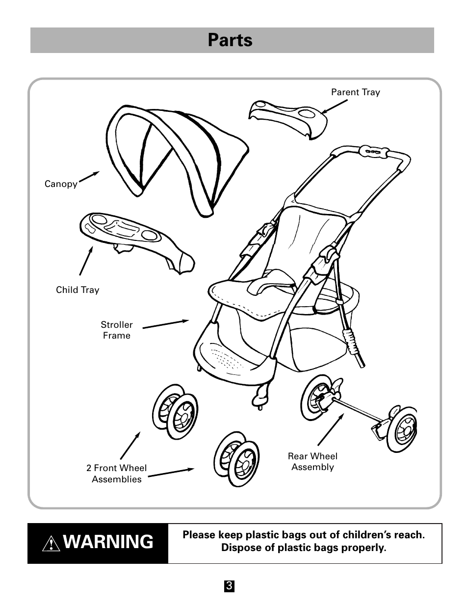 Parts, Warning | Fisher-Price FP3456 User Manual | Page 3 / 12