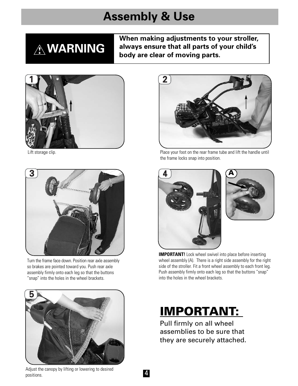 Important, Warning, Assembly & use | Fisher-Price FP3456 User Manual | Page 4 / 12