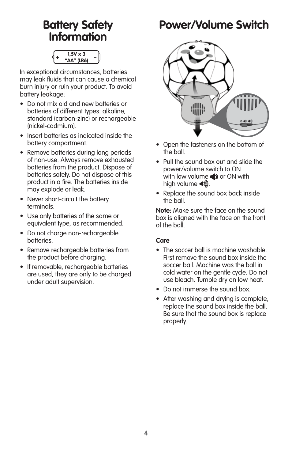 Power/volume switch, Battery safety information | Fisher-Price V2760 User Manual | Page 4 / 6