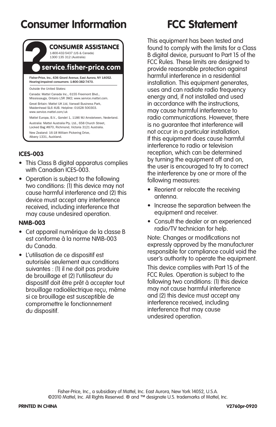 Fcc statement consumer information | Fisher-Price V2760 User Manual | Page 6 / 6